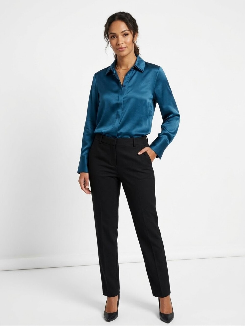 Lafayette 148 New York 100% Silk Satin Button Down Shirt Blouse Teal Blue Size L
